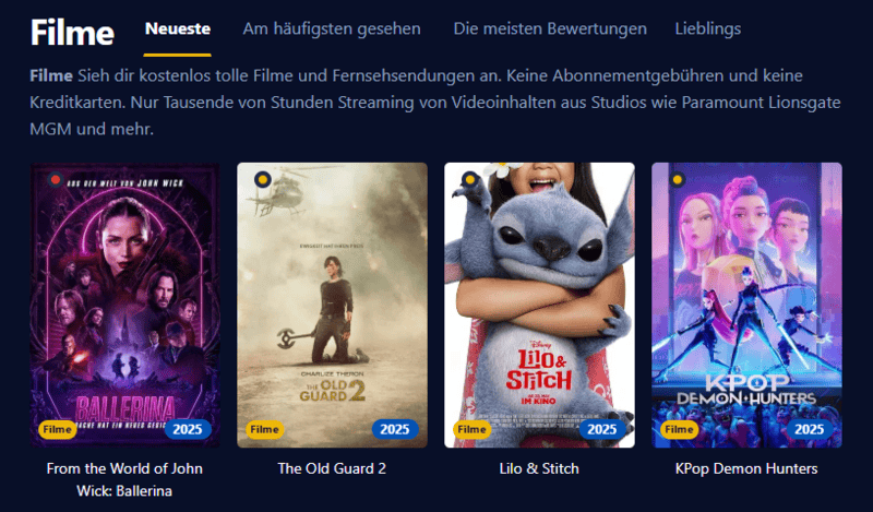Anzeige der Filmpalast Seite mit Filmen und Serien